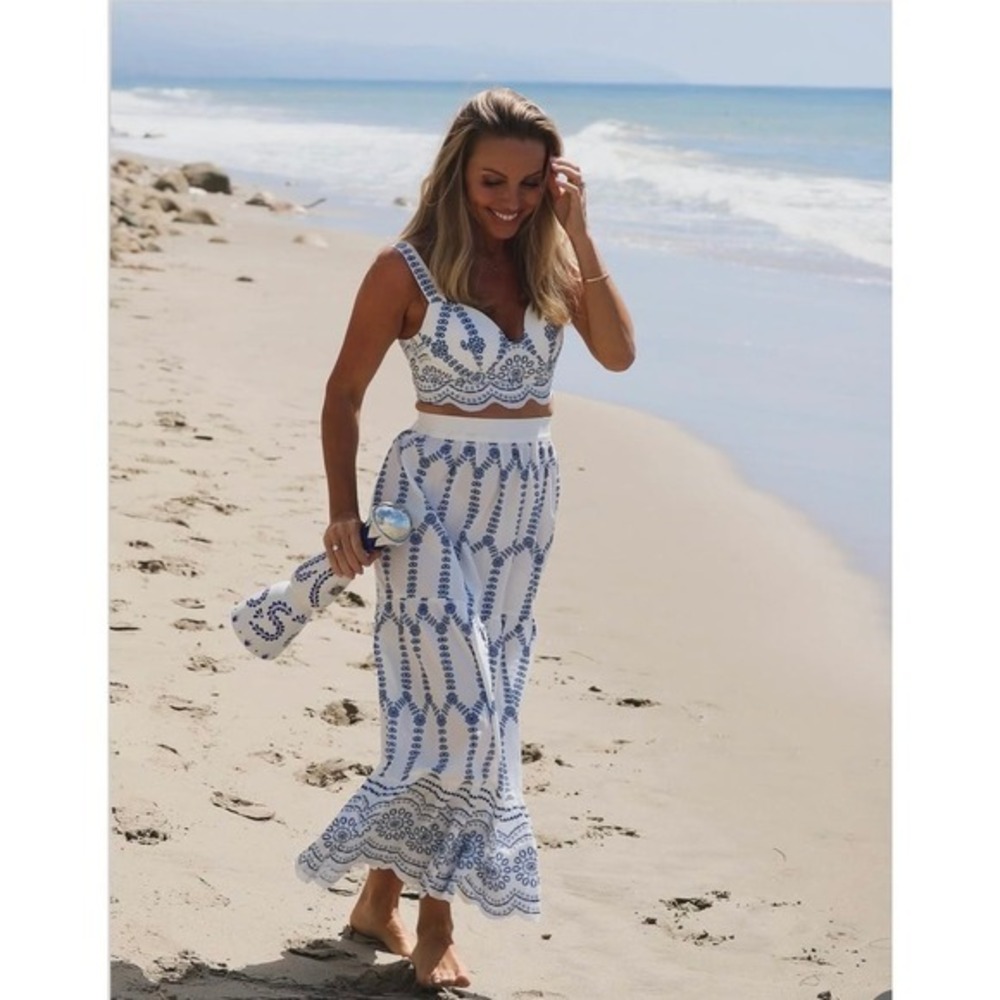 Commense White and Blue Cropped Top & Maxi Skirt Set